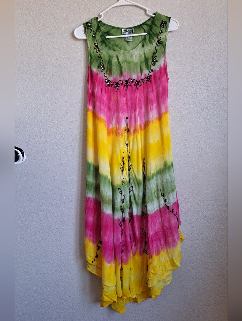Step In Style Colorful Ombre Tie Dye Boho Embroidered Tank Dress